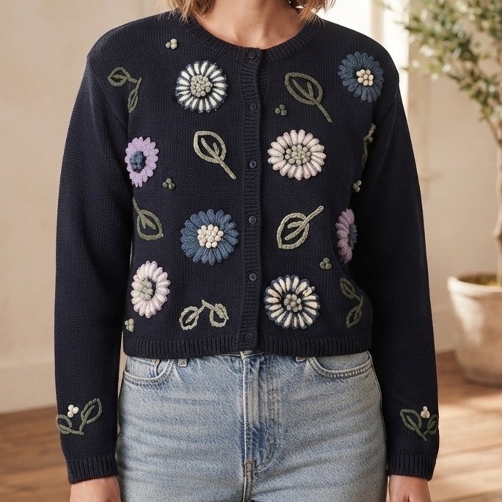 VTG Paul Harris Design Vintage Floral Embroidered Cardigan Sweater Navy Small
